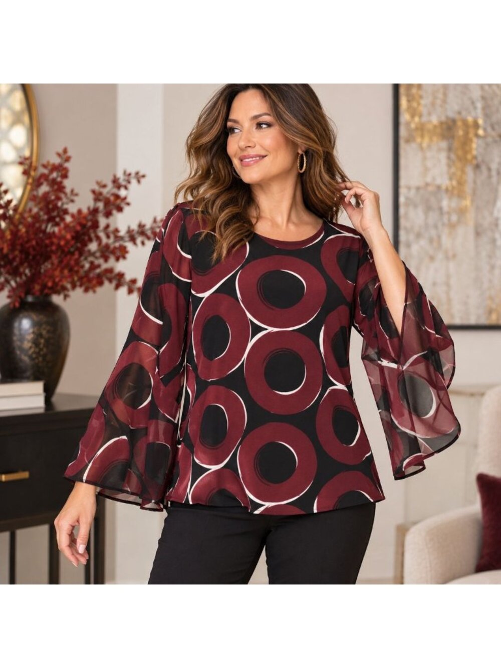 Alfani Womens M Burgundy Black Geometric Blouse Sheer Bell Sleeve Mod Retro